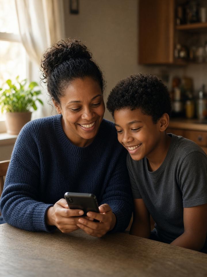 A mother and her son smiling together at a phone