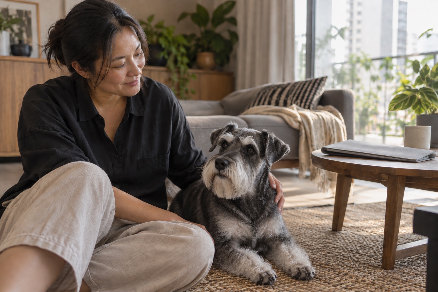 A miniature schnauzer resting beside its owner at home