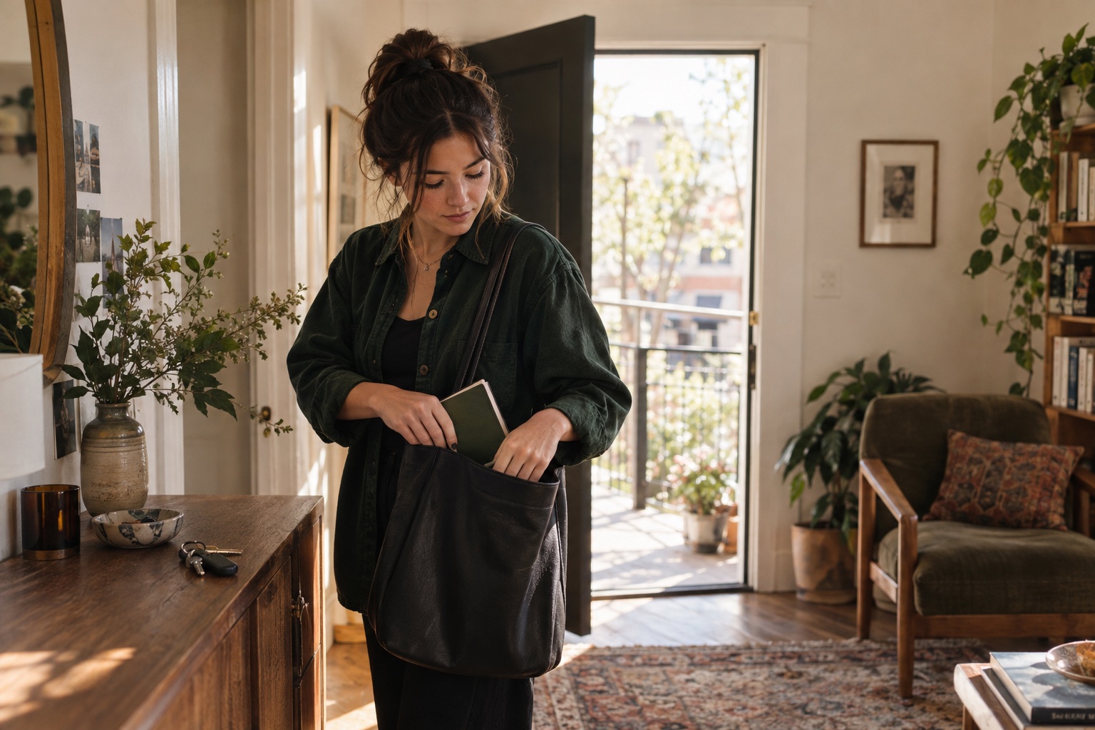 A woman preparing her bag before heading out for the day