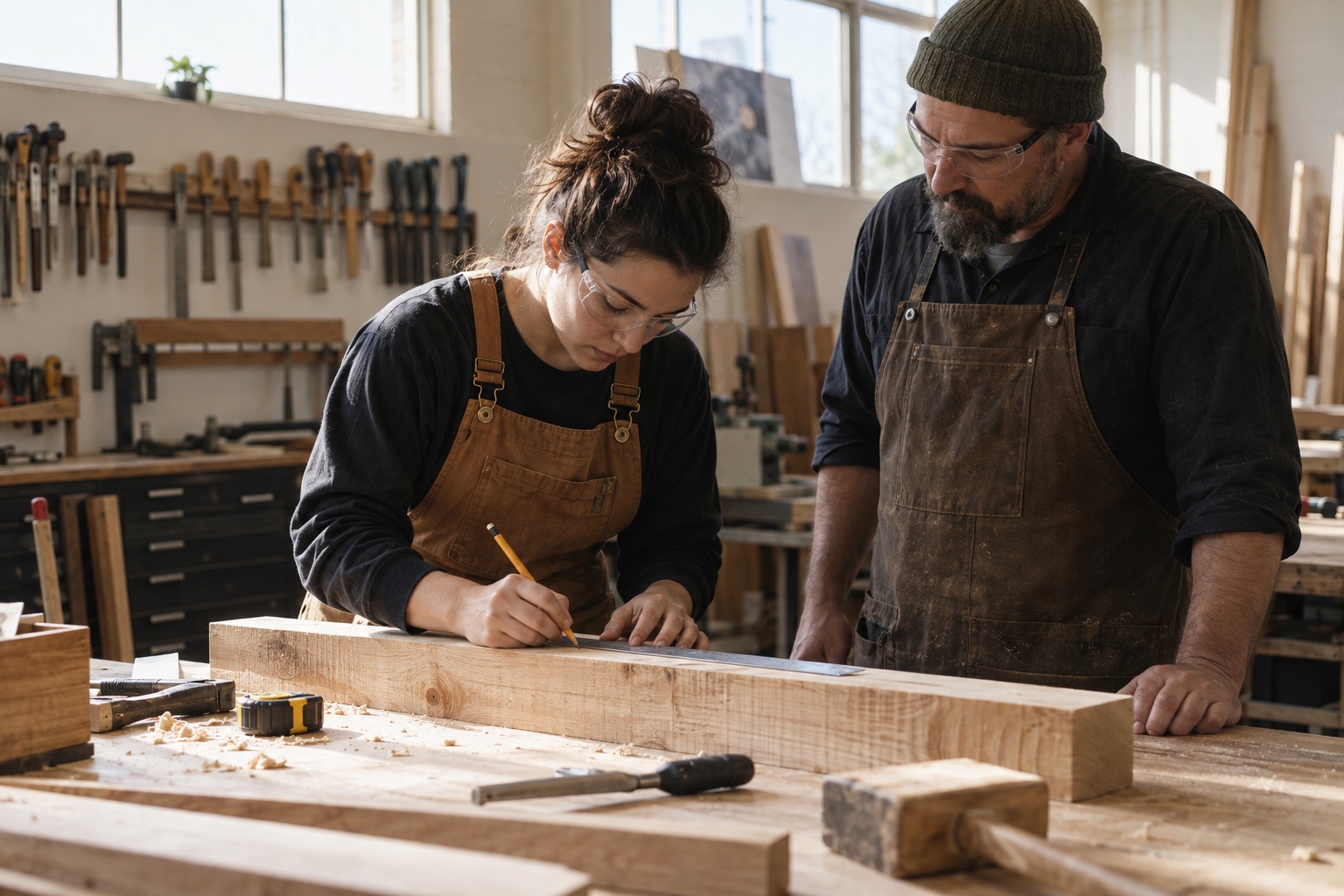 An apprentice measuring timber with an instructor